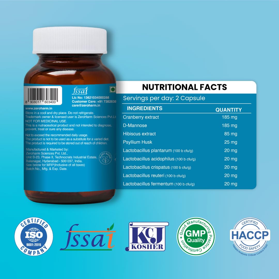 ZEROHARM Narie White Discharge Capsules for Women | Vaginal Discharge Tablets Supports pH Balance, Intimate Odour Control | Cranberry, D-Mannose, Hibiscus & Probiotics | Nano formulation | 60 Capsules