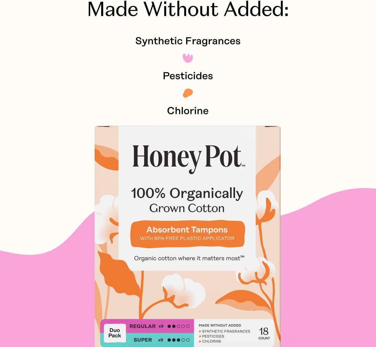 The Honey Pot Company - 100% Organic Cotton Tampons - Regular & Super | Multipack - Tampons w/BPA Free Plastic Applicator - Unscented - Without Fragrances or Chlorine - Feminine Care - 54ct