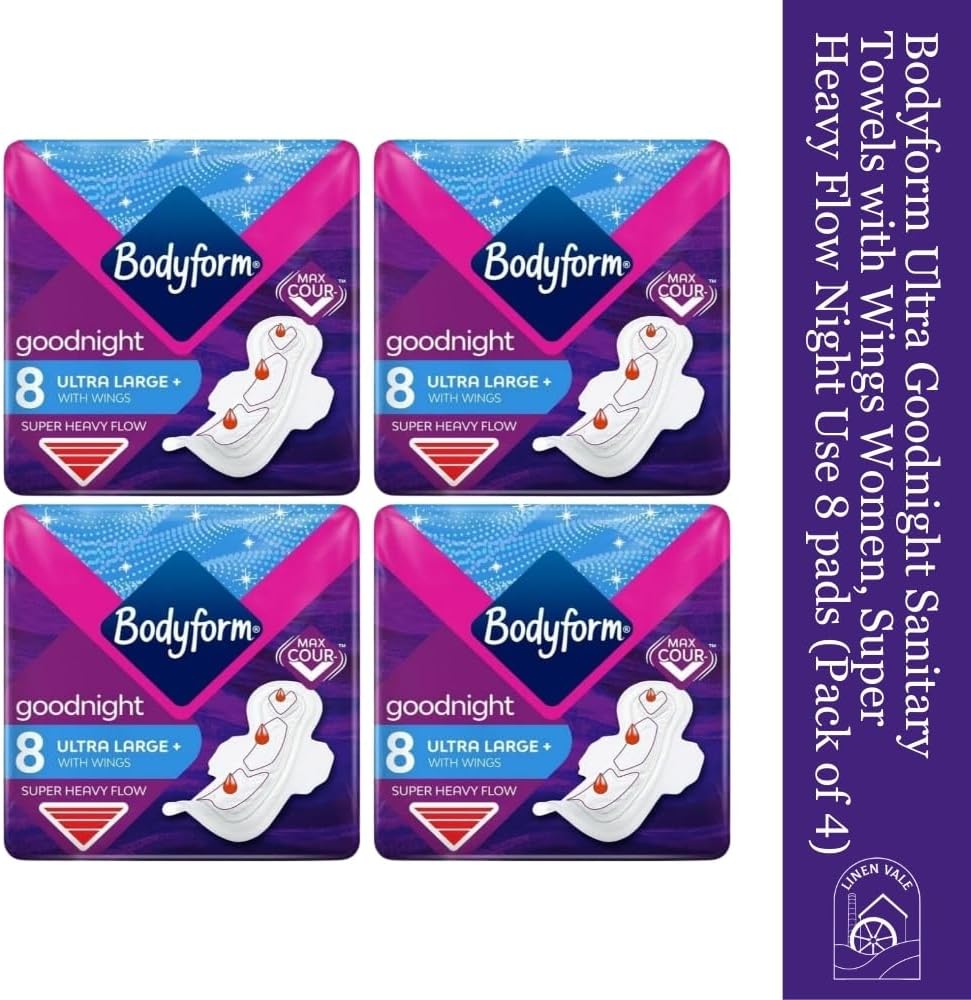 Bodyform Ultra Goodnight Winged Sanitary Pads for Women, Super Heavy Flow, Night Use, 48 Pads, 6 Packs of 8 Period Pads, Cour-V Ultra Night Series, Absorption