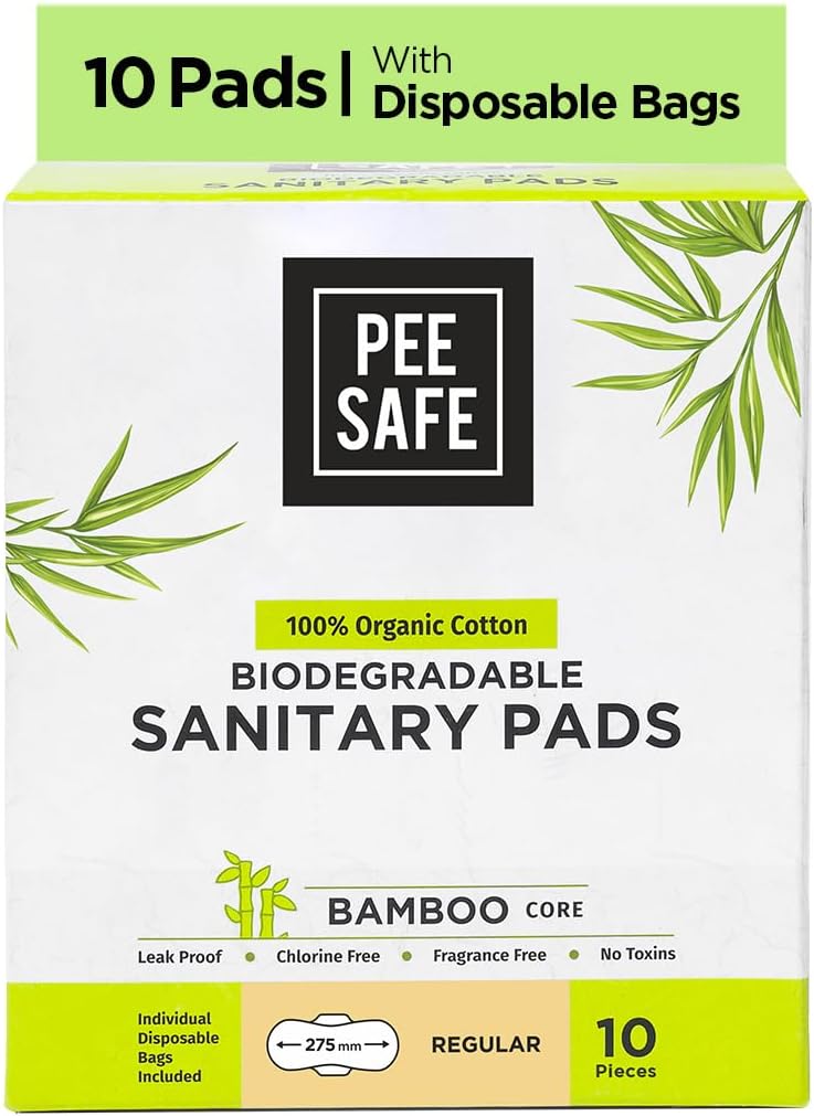 Pee Safe Organic Cotton Biodegradable Sanitary Pads, Regular | Anti-Bacterial | Superb Absorbency | Long Lasting Protection | Skin Friendly | Comfortable & Easy To Use | Pack of 10