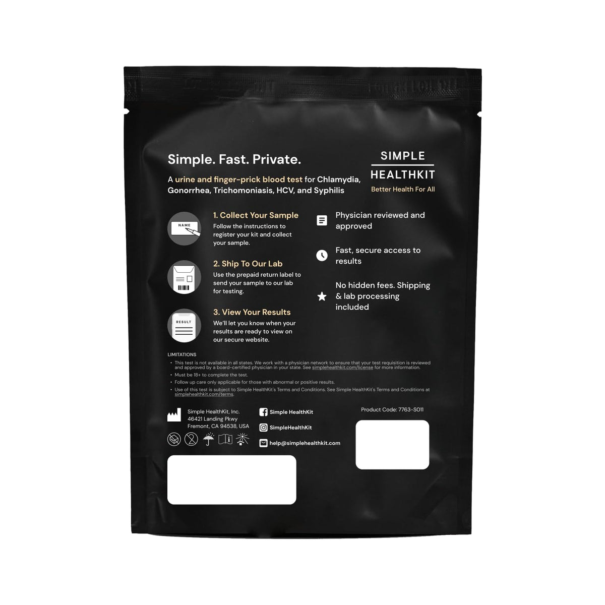 Simple HealthKit At-Home 5-Panel STD Test Kit for Chlamydia, Gonorrhea, Trichomoniasis, HCV & Syphilis - STD HCV Test Kit - Free Follow-Up/Telehealth & High Quality Lab Results