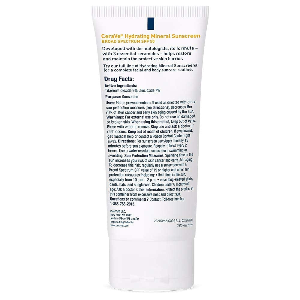 CeraVe Hydrating Mineral Sunscreen SPF 50 Face Sunscreen, Travel Size 2.5oz