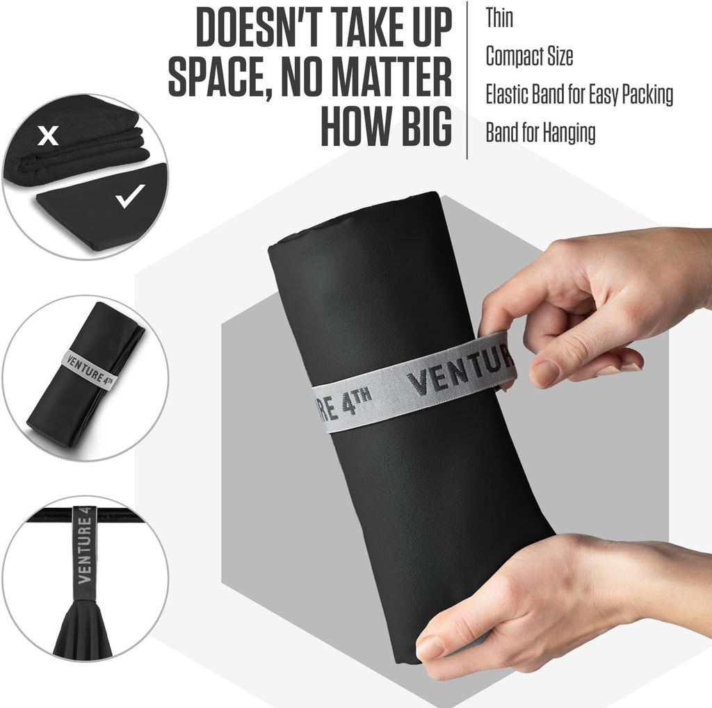 VENTURE 4TH Quick Dry Microfiber Towel for Camping & Gym - Black XL | Lightweight, absorbs 7x more than cotton, dries fast & resists odor. Packable Travel Towel with tear-resistant carry bag.
