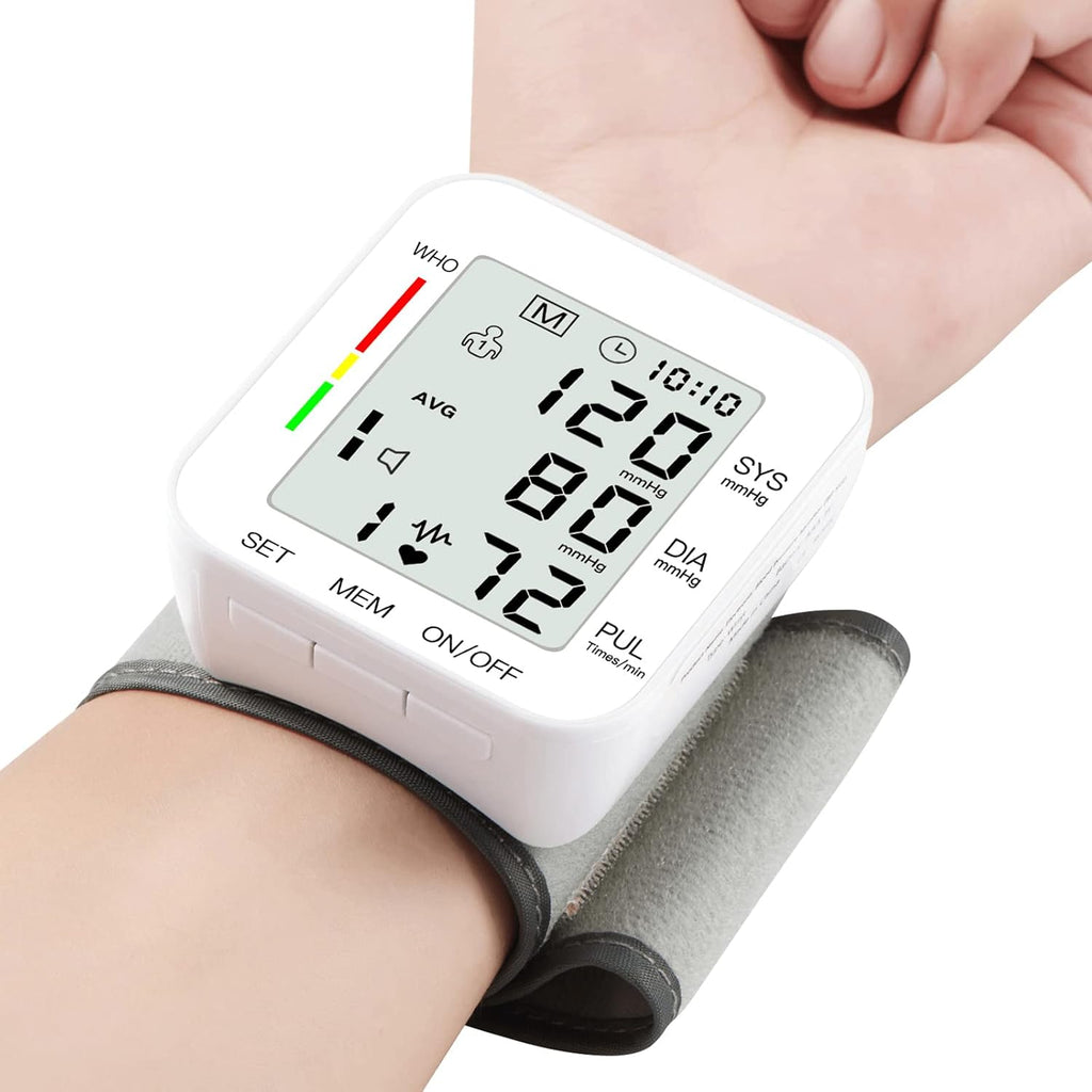 MMIZOO Wrist Blood Pressure Monitor BP Machine with Carrying Case White | FDA Cleared, Large LCD Display, Automatic 99x2 Sets Time Stamped Memory, Adjustable Cuff (5.31-7.68"), For Home/Travel Use