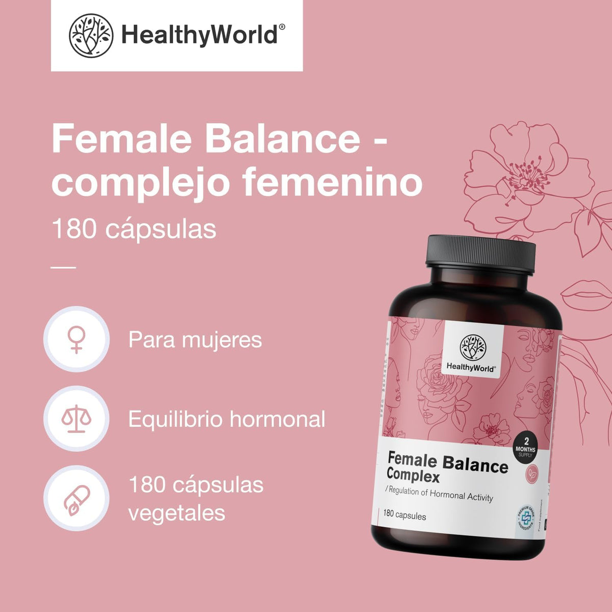 HealthyWorld Female Balance - Hormone Balance - Female Complex - Menstrual Cycle Support - 180 Vegetable Capsules - 12 Active Ingredients - With Vitamins and Minerals