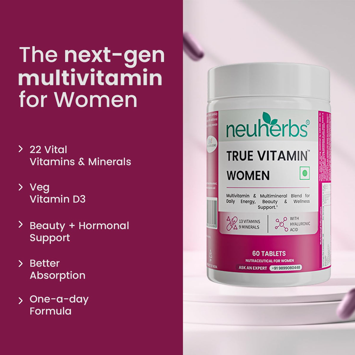 Neuherbs Multivitamin Tablets for Women 60 Count | True Vitamin Women Multivitamin with Vitamin C, B12, D, Iron, Zinc & Magnesium | Supports Energy, Skin, Hair & Overall Health