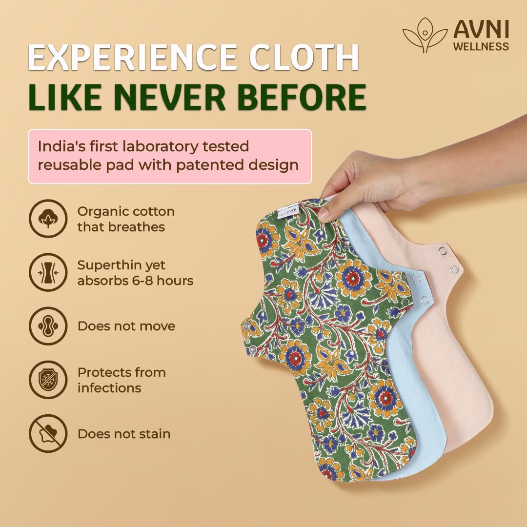 Avni Lush Reusable Cloth, Sanitary Pads for Women | 2 Pads | Superabsorbent Heavy Flow Sanitary Pads | Organic Cotton Sanitary Pad | Antimicrobial Laboratory Tested, Prevents Infections, Chemical-Free (2 pads (XL) Solid)
