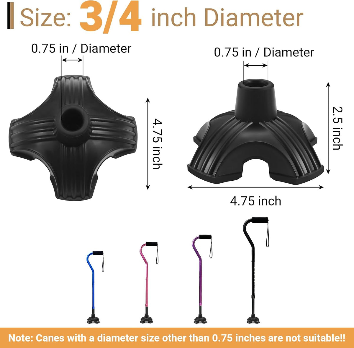 Dotday 2 Pack Cane Tips for Stability, Self Standing Cane Base Replacement | for Most Walking Canes, Walking Sticks, Folding Canes, Non-Slip Rubber Quad Cane Tip, Heavy Duty 4 Prong Rubber Cane Foot Pad
