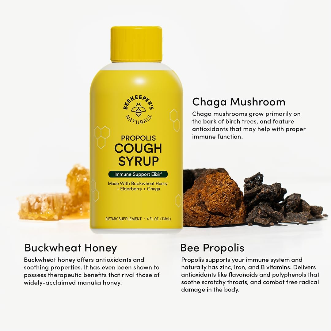 Beekeeper's Naturals Honey Cough Syrup for Adults, Elderberry, Daytime, 4oz | For Adults, Elderberry, Bee Propolis, Buckwheat Honey, Immune Support & Throat Soothing