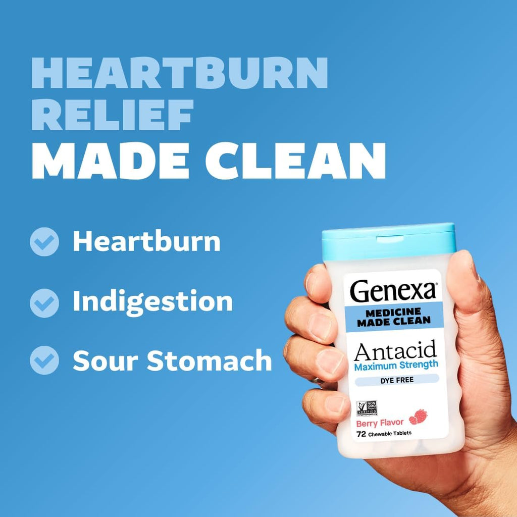 Genexa Antacid Made Clean, 72 Chewable Tablets, Berry Flavor | Calcium Carbonate Maximum Strength, Dye Free, 0% Artificial Additives, Heartburn, Acid Indigestion & Upset Stomach Relief