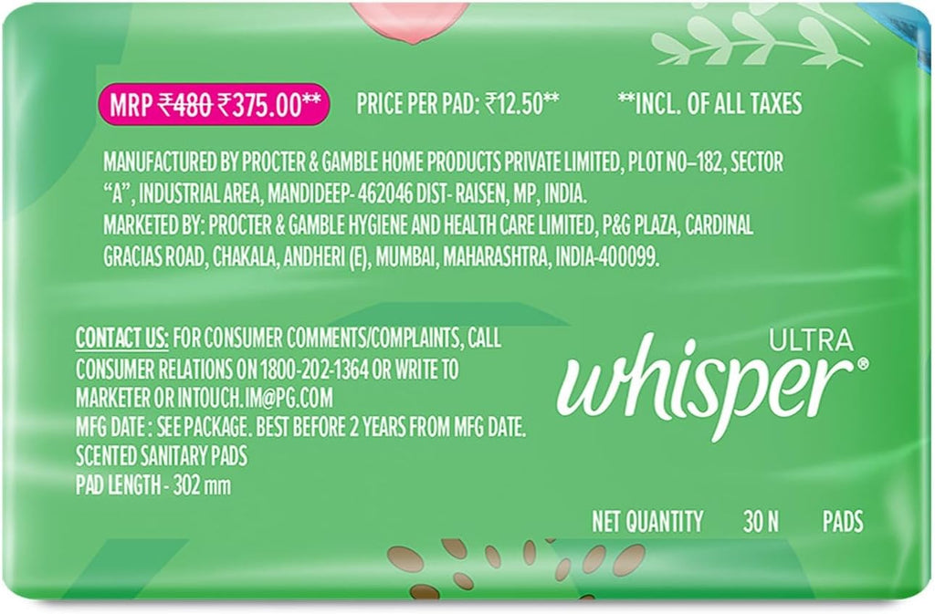 Whisper Ultra Clean Sanitary with Wings - 30 Pieces (XL)