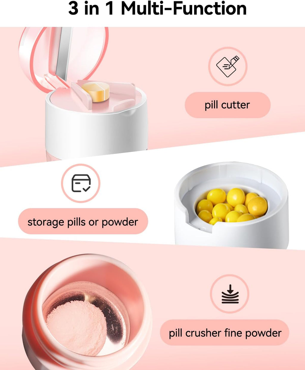 Pill Crusher Fine Powder - Cotatoc 3-in-1 Pill Crusher with Stainless Steel Grinding Pestle, Portable Pill Cutter and Crusher for Elderly and Pets (Pink)