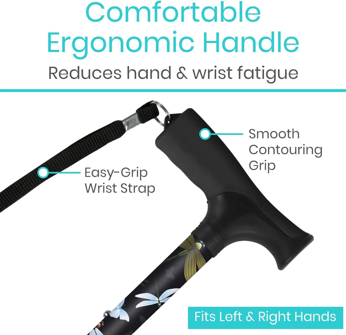 Vive Folding Cane - Foldable Walking for Men, Women Fold-up & Collapsible | Lightweight, Adjustable, Portable Hand Stick Balancing Mobility Aid Sleek, Comfortable (Black Butterfly)