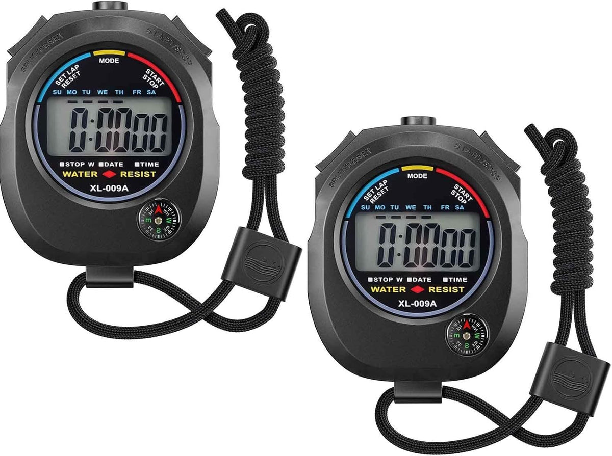 2 Pack Digital Stopwatch Timer: Large Display Multi-Function Stop Watch for Sports Coaches Swimming Running Fitness Referees Electronic Stopwatch with Lap Split Date Time Alarm for Kids Adults