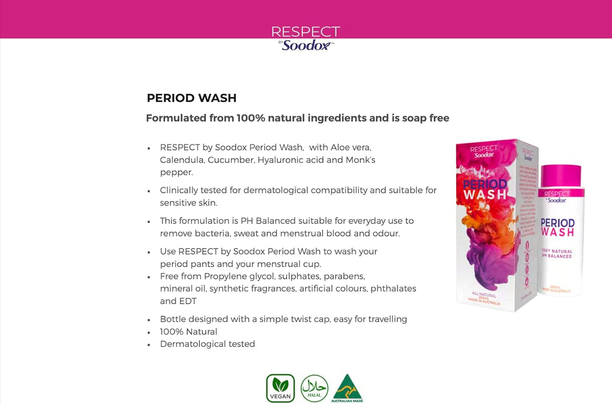 Respect by Soodox Period Wash 200mL, pH Balanced Feminine Wash for Intimate & Period Care, Gentle Sensitive Skin Cleanser, Travel Twist Cap