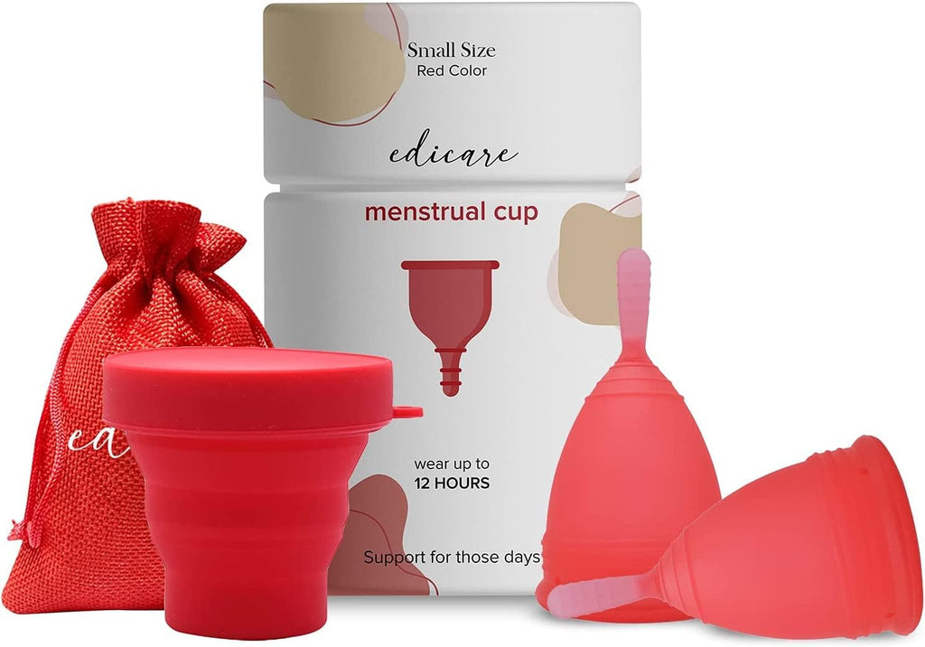Edicare, Menstrual Cup, Includes Two Cups, 1 Sterilizer and a Carry Bag, Medical Grade Silicone, Soft, Reusable and Washable 100% Safe (S)