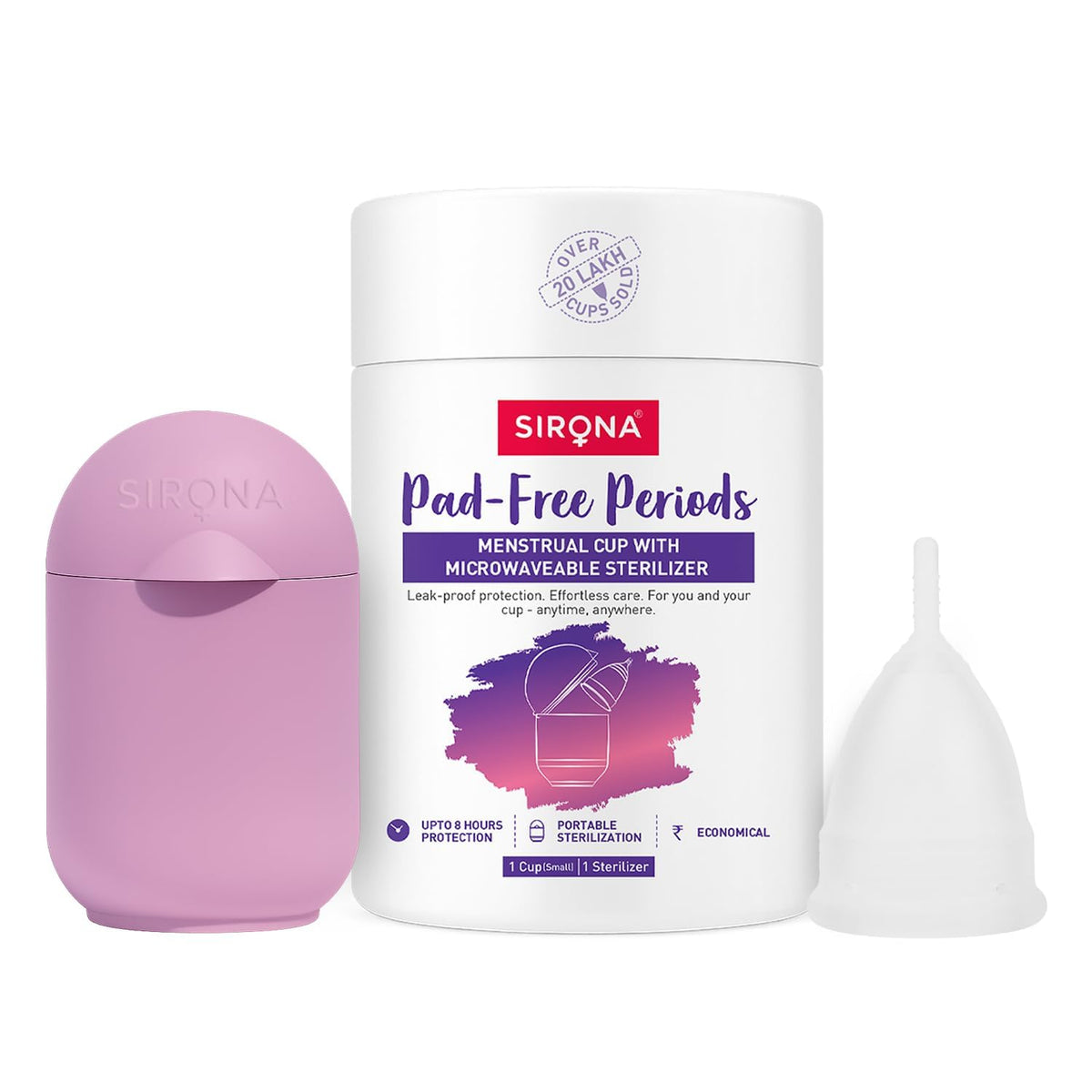 Sirona Reusable Menstrual Cup for Women (Small) with Microwaveable Sterilizer (1 Cup + 1 Sterilizer) | FDA Approved | 100% Medical Grade Silicone | Rash Free & Leak-Proof Protection for 8-10 Hours