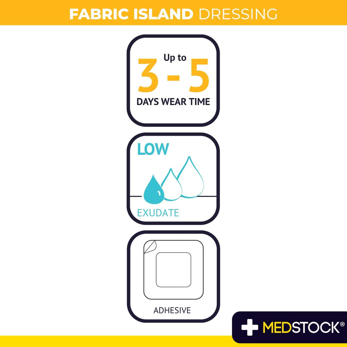 MEDSTOCK Fabric Island Dressing, 5CM X 7CM, 100 Count, Adhesive Wound Care, Suitable for Surgical Wounds, Grazes, Highly Breathable, Hypoallergenic, Non-Woven Fabric, High Absorption Fabric Pad