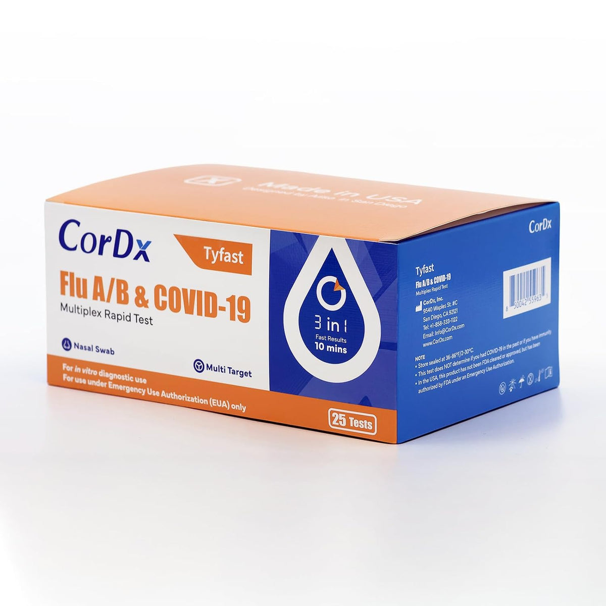 CorDx Flu A/B & COVID-19, At Home 3-in-1 Rapid Test Kit, 25 Tests
