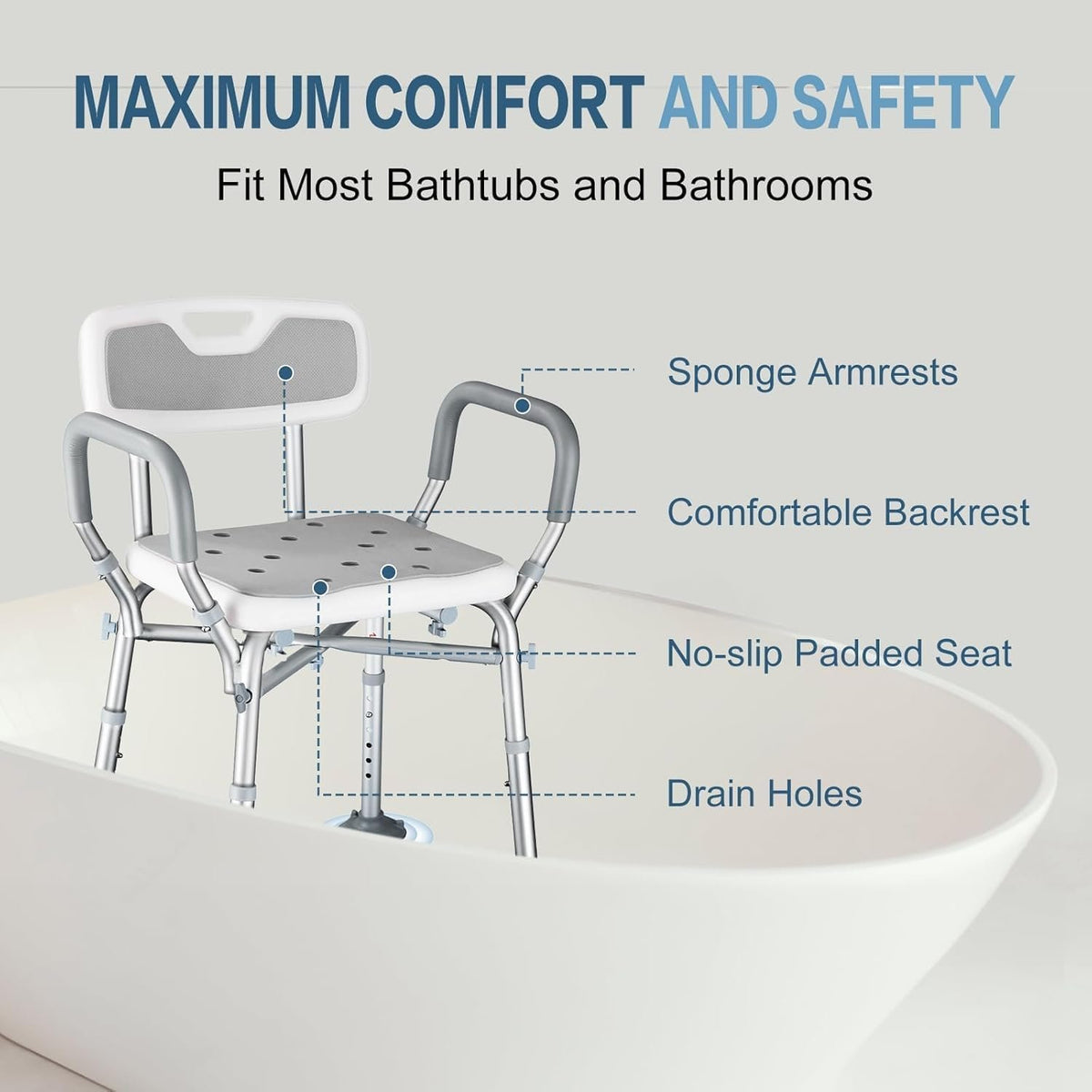 550lb Adjustable Shower Chair with Arms, Back and Suction Cup Feet | 6 height settings from13.4–18.1in, reinforced crossbars and tool-free assembly for easier setup and daily bathing.