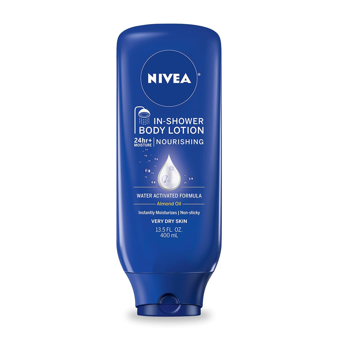 NIVEA Nourishing In Shower Lotion, 24-Hour Body Moisturizer, 13.5 FL OZ | Water Activated In Shower Moisturizer with Almond Oil for Dry to Very Dry Skin, Non Sticky