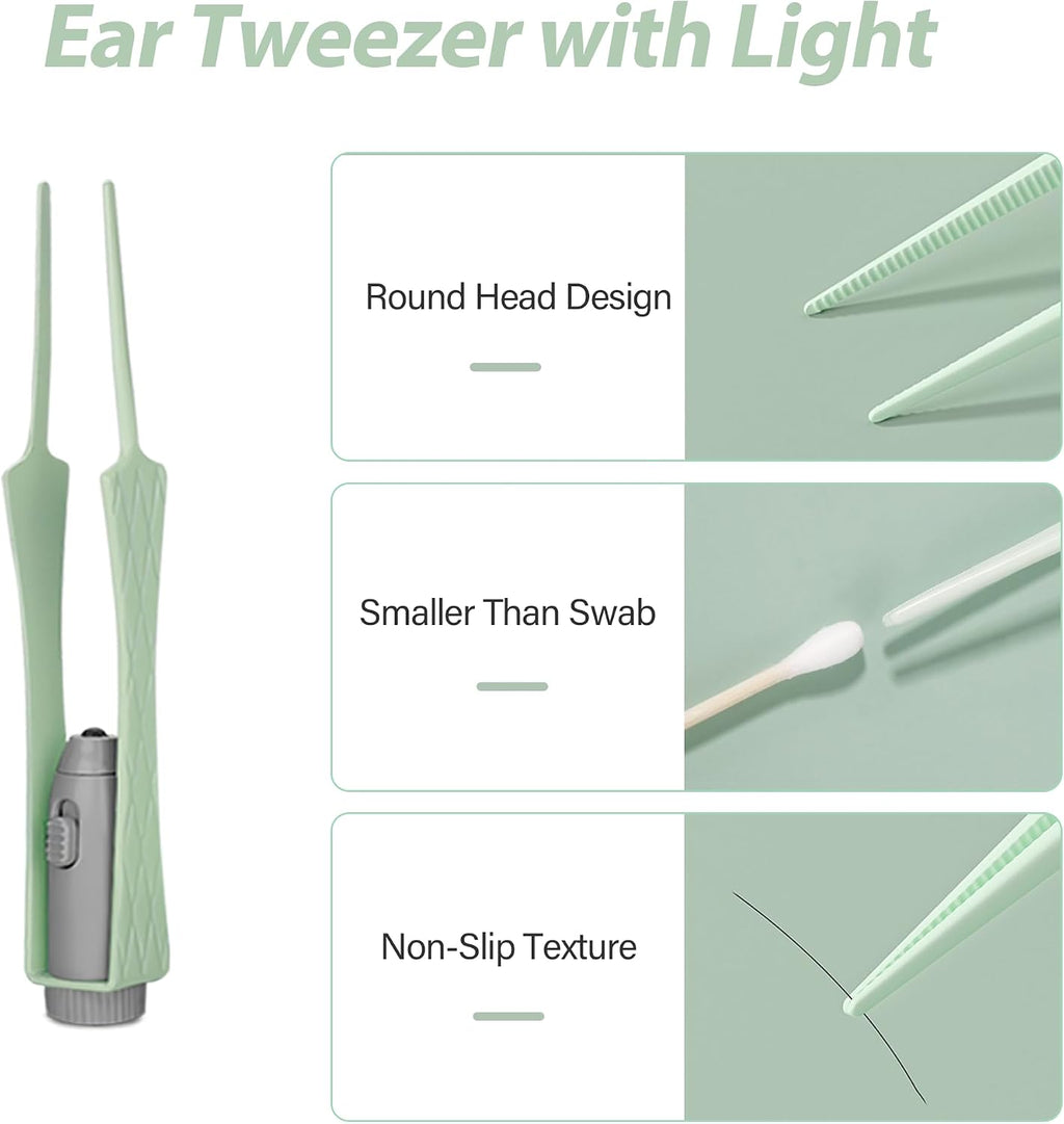 15 Pack Ear Wax Removal Tool Kit with Light - LED Ear Cleaning Kit, Ear Wax Removal for Kids and Adults, Ear Cleaning Tool, Ear Picker Spoon & Ear Tweezers & Spiral Spring Ear Spoon Green
