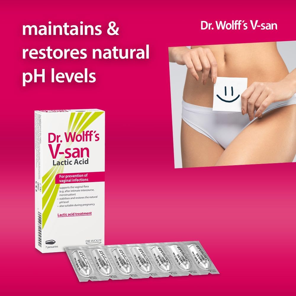 Dr. Wolff's V-san Lactic Acid for Prevention of Vaginal Infections 7 pcs | Restores Vaginal pH | Restore natural Vaginal health | Prevent reoccuring vaginal infections | Hormone-Free | Safe to use with Condoms