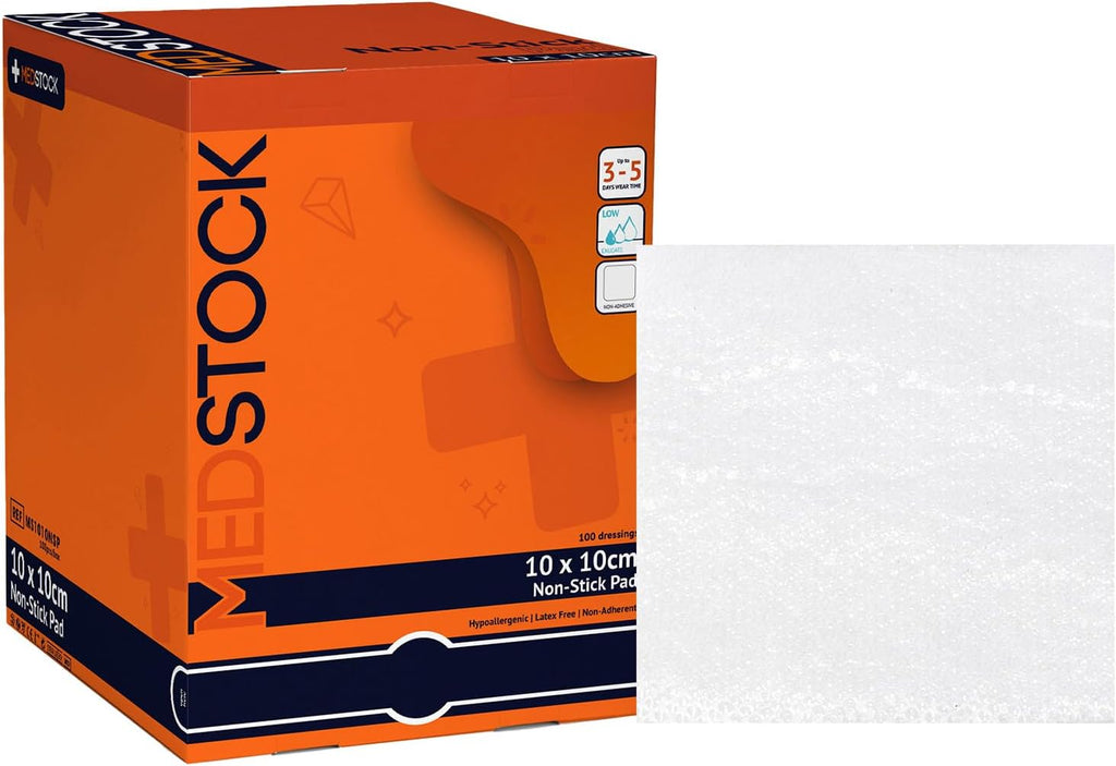 MEDSTOCK Non-Stick Pad, Gauze Pad Dressing, 10CM X 10CM, 100 Count, Non-Stick Wound Care, Surgical Grade, Fragile Tissue Protection, High Absorption, Porous Film Skin Contact Layer, Non Woven Fabric