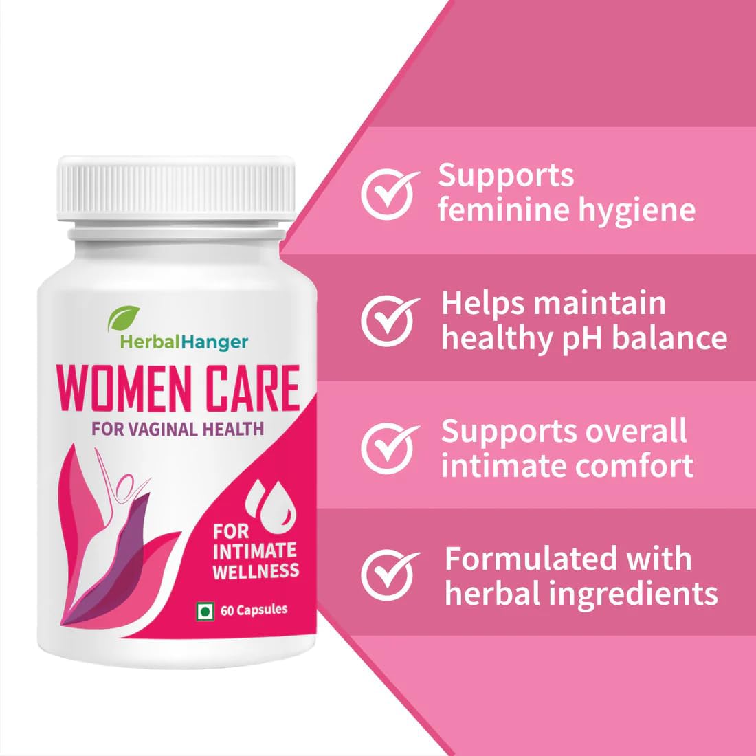 Women Care Int!mate Well:ness Capsules, 60 Count, Natural pH Balance Support, Herbal Formula