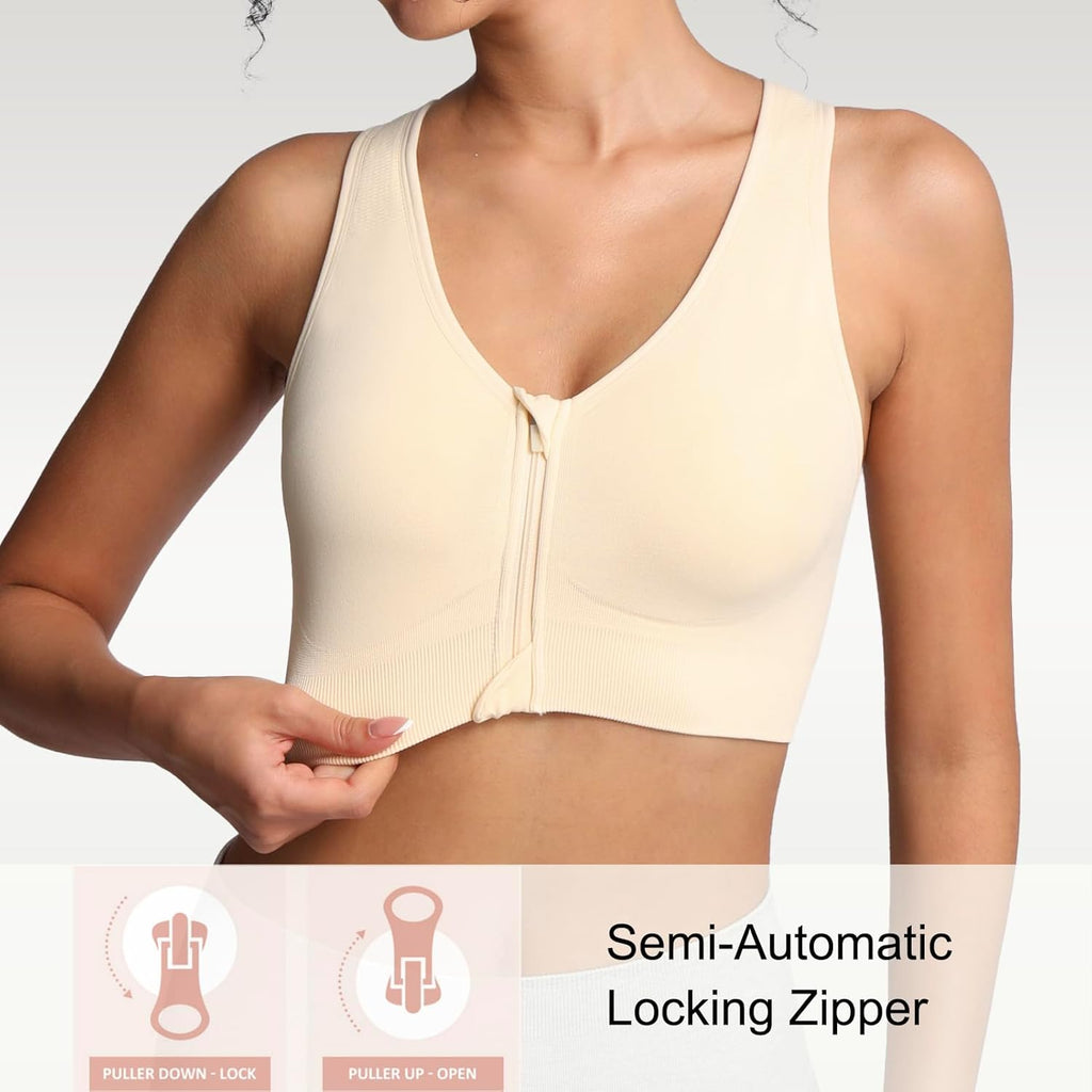 Lemef Zip Front Sports Bras, Post Surgery Compression Wirefree Racerback Bras for Women