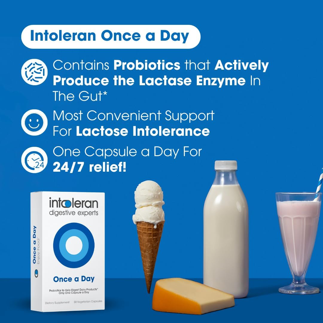 Intoleran Once a Day Probiotic Lactase Supplement - 30 Capsules | Actively Produces Lactase Enzyme, Helps Digest Dairy, 1 Capsule/Day, 6 Lactic Acid Ferments, Pure & Dairy Free