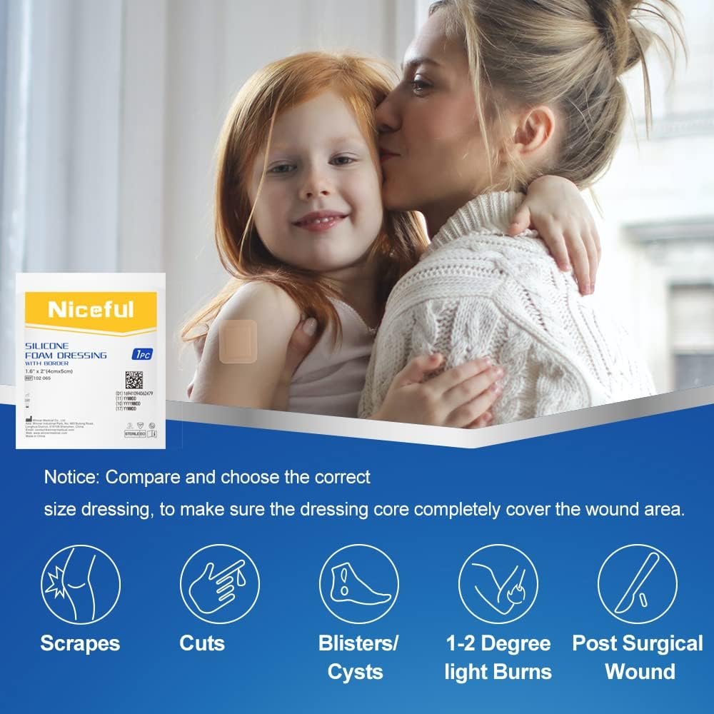 Niceful Silicone Foam Dressing 1.6"x2" 10 Count, Small Bandages for Wound