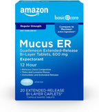 Amazon Basic Care Guaifenesin Extended-Release Tablets, 600 mg, 12 Hour Expectorant for Chest Congestion and Mucus Relief, 20 Count