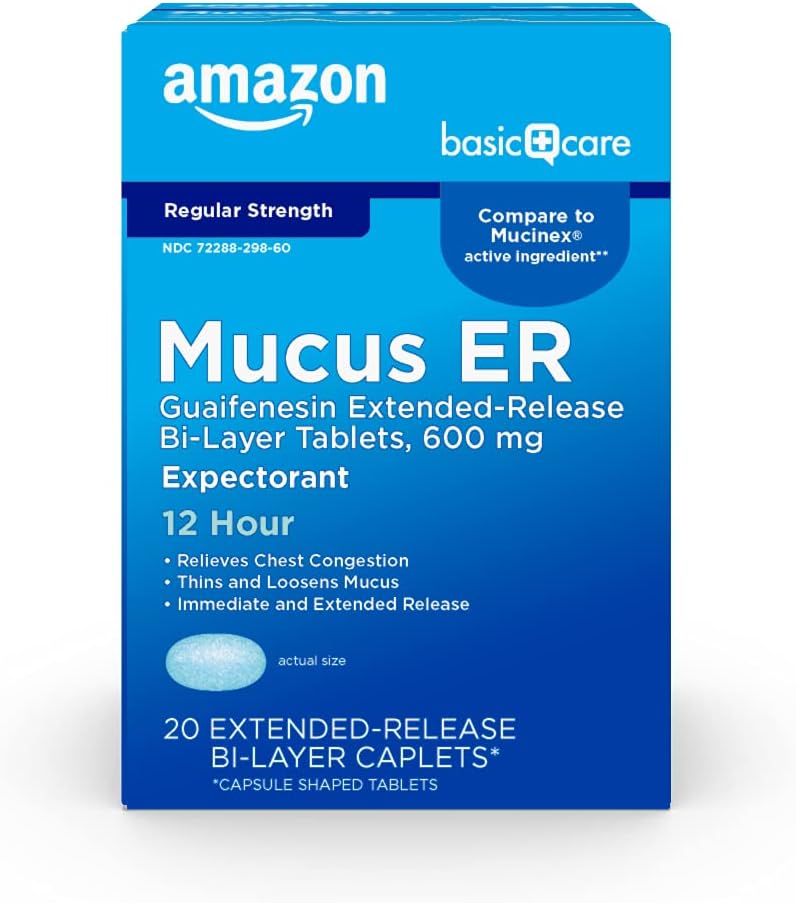 Amazon Basic Care Guaifenesin Extended-Release Tablets, 600 mg, 12 Hour Expectorant for Chest Congestion and Mucus Relief, 20 Count