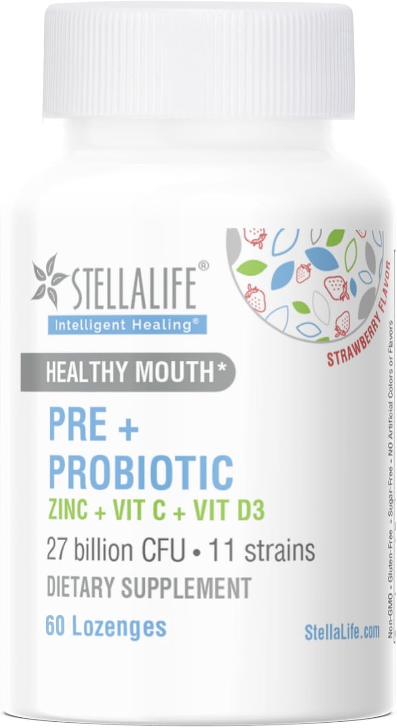 StellaLife Oral Prebiotic & Probiotic Lozenges for Teeth and Gums – 27B CFU, 11 Strains, Dental Probiotic for Bad Breath, Immune Support with VIT C, D3 & Zinc (Strawberry Flavor) 60 Day
