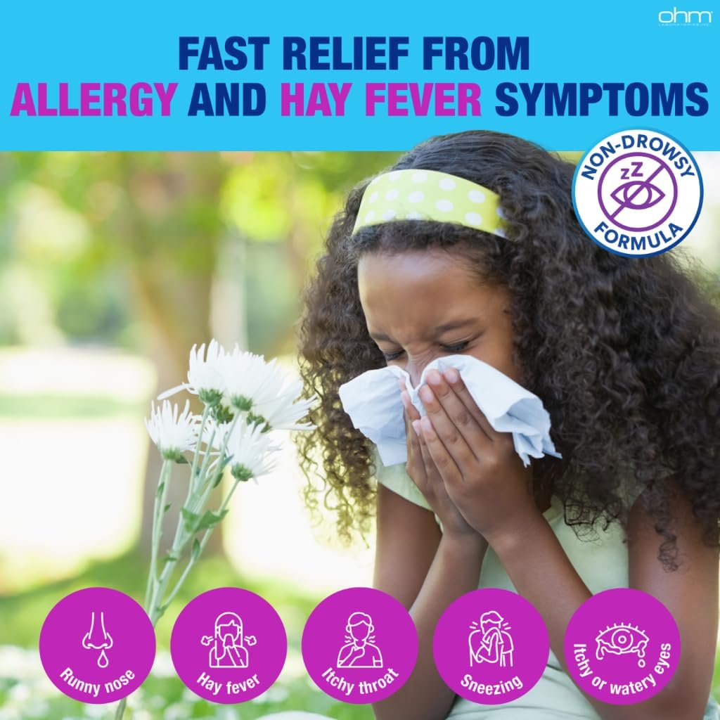 Ohm Children's Allergy Medicine, Loratadine 5mg, Chewable Tablets (30 Count) Grape Flavor, Non-Drowsy Antihistamine, 24-Hour Allergy Relief for Runny Nose, Watery Eyes, Itchy Throat & Nose