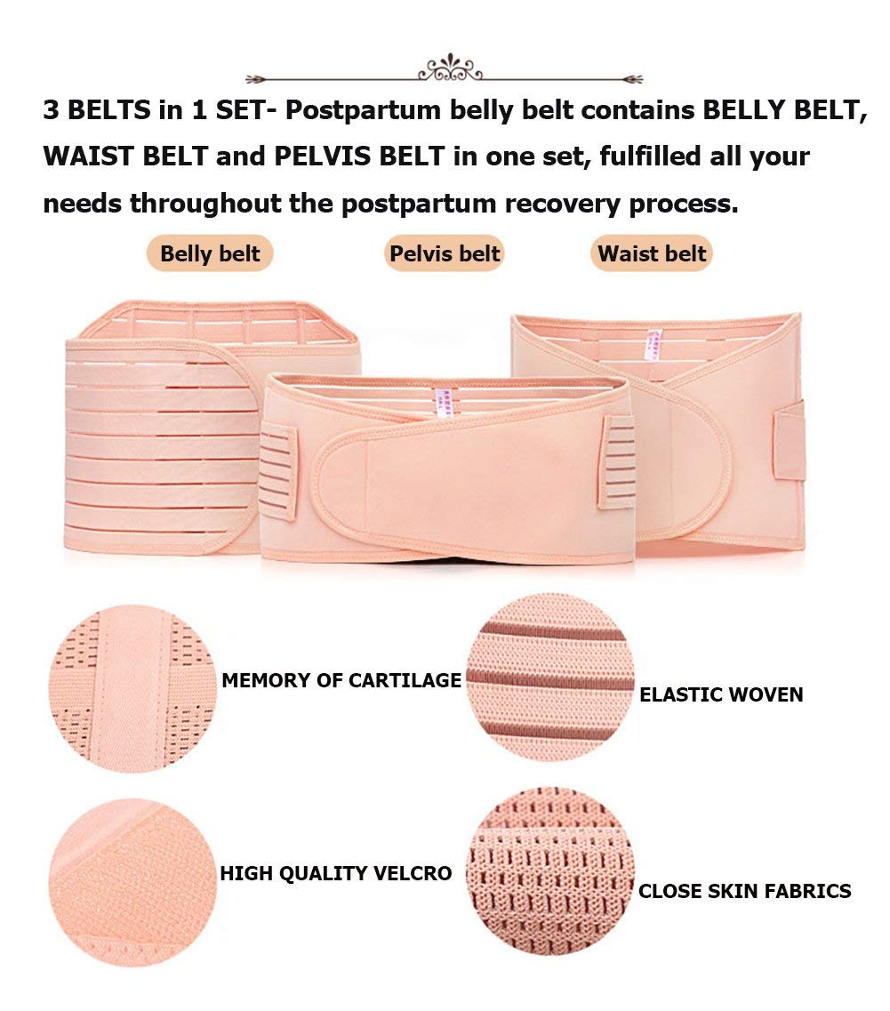 Postpartum Belly Wrap 3 In 1 Post Partum Support Girdles C-Section Recovery Belly Waist pelvis Wrap Postnatal Trainer Belt (One Size, Nude)