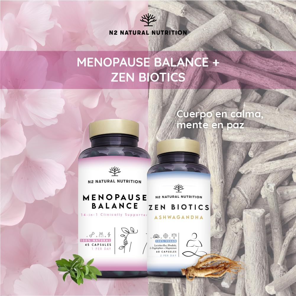 Menopause, Balance Female Estrogens and Progesterone. 14-in-1 Formula with Clinical Back. 45 Capsules with Omega 3, Biotin, Vitamin D3 and K2. N2 Natural Nutrition