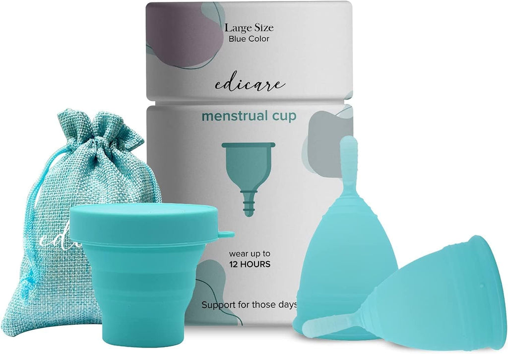 Edicare, Menstrual Cup, Includes Two Cups, 1 Sterilizer and a Carry Bag, Medical Grade Silicone, Soft, Reusable and Washable 100% Safe (L)