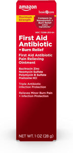 Amazon Basic Care First Aid Antibiotic + Burn Relief, Maximum Strength Triple Antibiotic Ointment for Minor Cuts, Scrapes, Infection Protection, 1 ounce (Pack of 1)