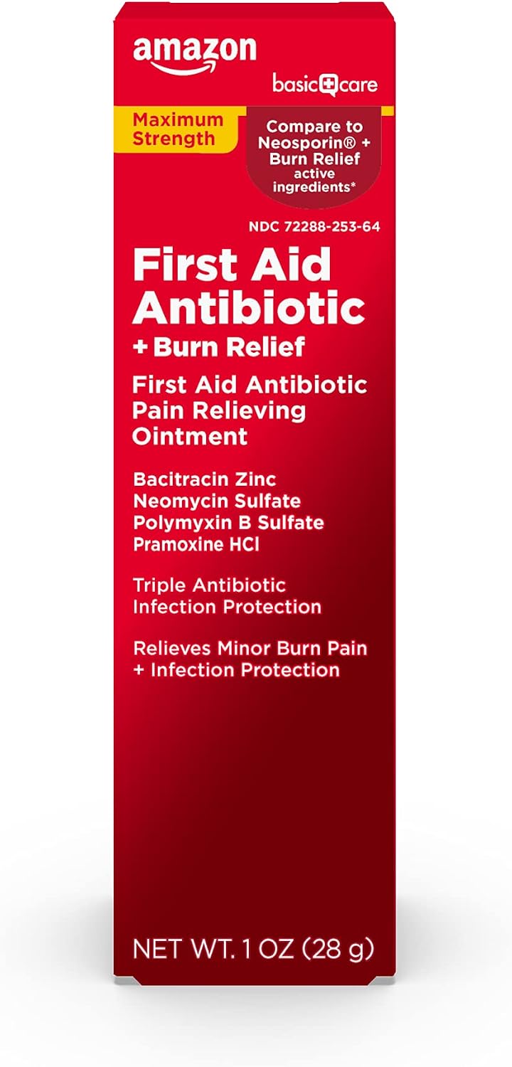 Amazon Basic Care First Aid Antibiotic + Burn Relief, Maximum Strength Triple Antibiotic Ointment for Minor Cuts, Scrapes, Infection Protection, 1 ounce (Pack of 1)