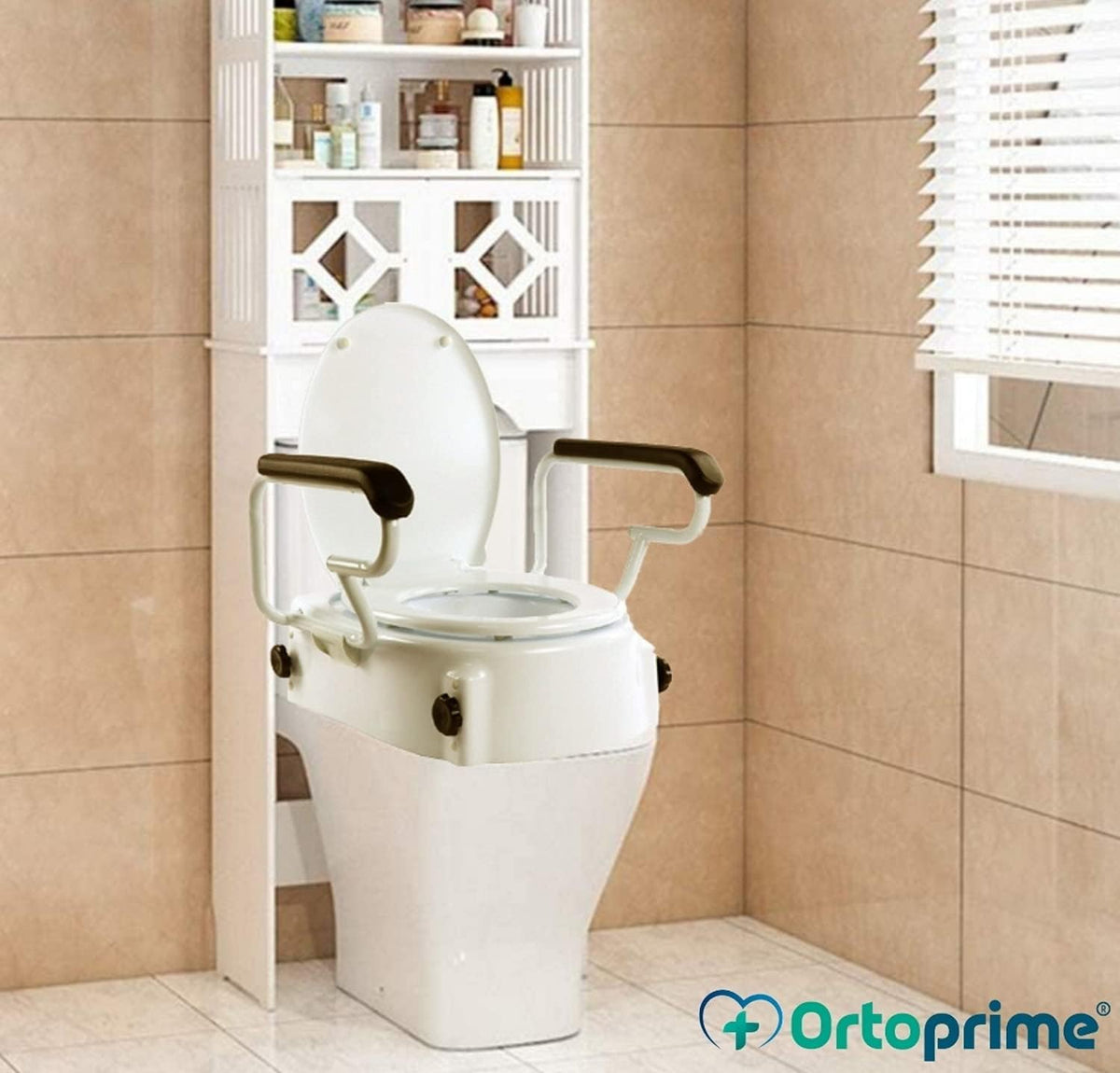 OrtoPrime Tilting WC Lift with Folding Armrests – Height Adjustable 5, 10 and 15 cm – Raised Toilet with Lid – Portable Toilet Lift