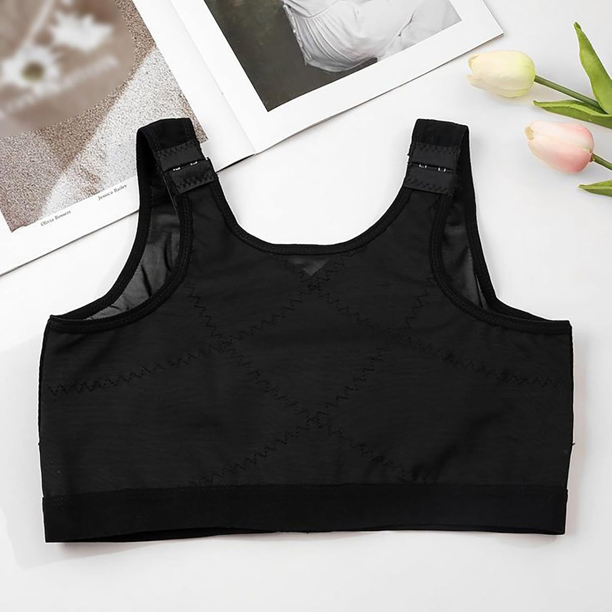 Post-Surgical Support Bra with Adjustable Front Closure and Compression Band for Comfort and Recovery (Black, L) #6028