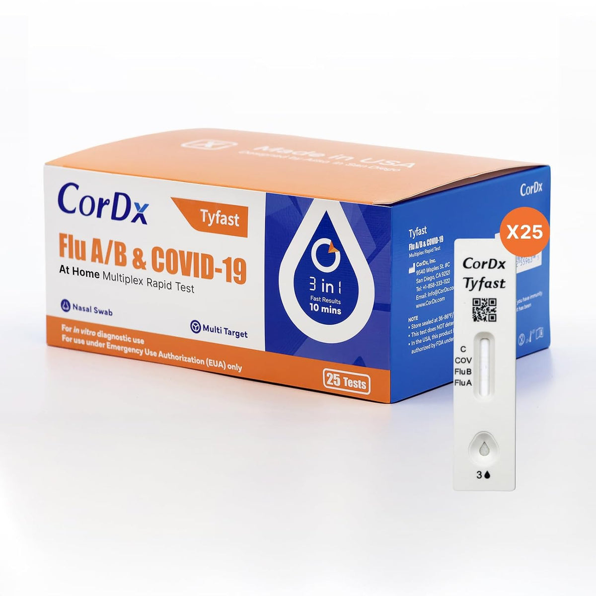 CorDx TyFast at Home Flu A/B & COVID-19 Multiplex Rapid Test Kit, Easy, Accurate, Fast Results in 10 Minutes, 3 in 1 Combo Kit, 25 Tests