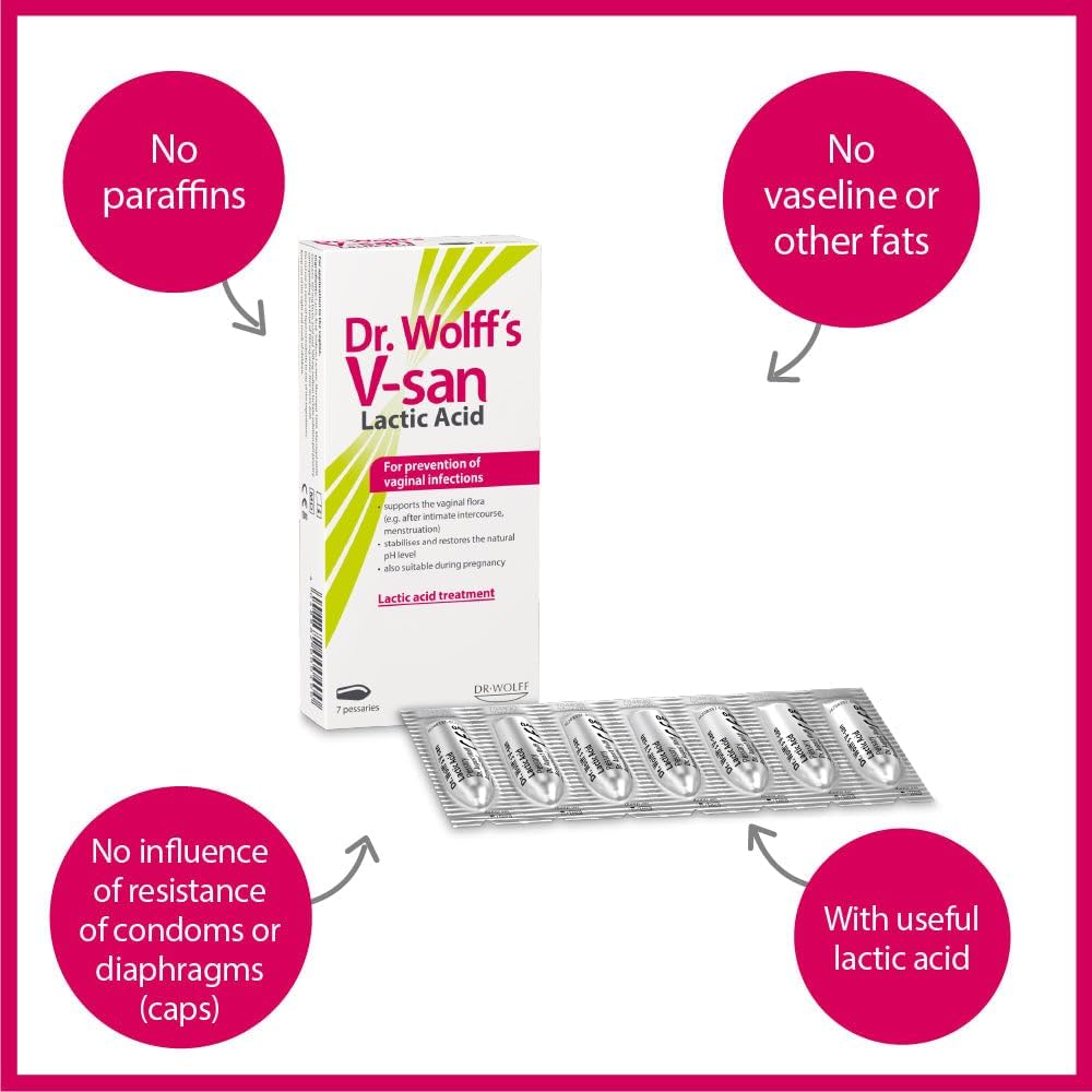 Dr. Wolff's V-san Lactic Acid for Prevention of Vaginal Infections 7 pcs | Restores Vaginal pH | Restore natural Vaginal health | Prevent reoccuring vaginal infections | Hormone-Free | Safe to use with Condoms