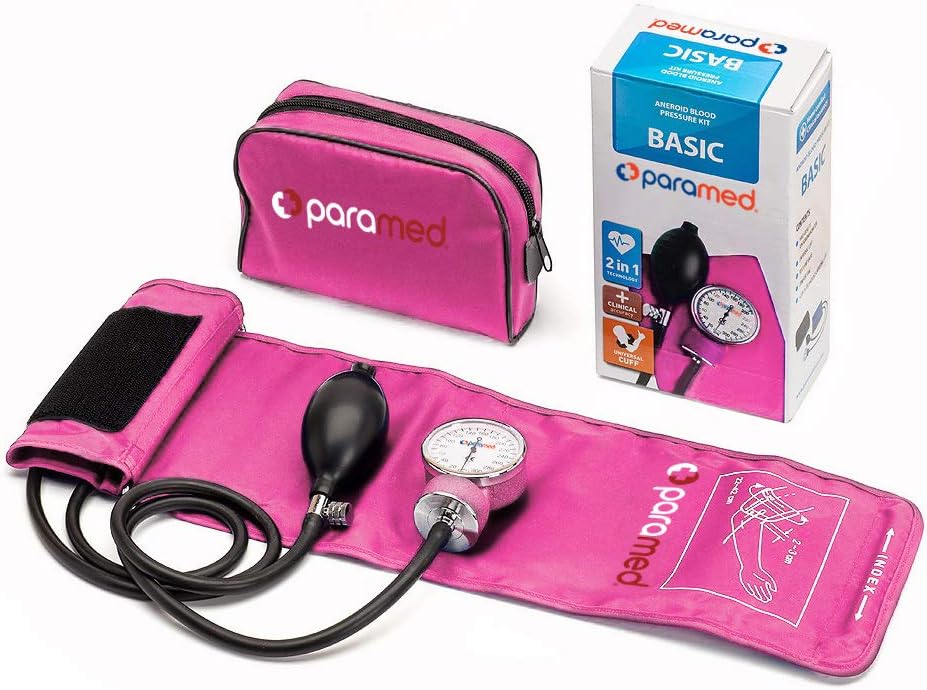 PARAMED Aneroid Sphygmomanometer – Manual Blood Pressure Cuff with Universal Cuff 8.7-16.5" and D-Ring – Carrying Case in the kit – Pink – Stethoscope Not Included