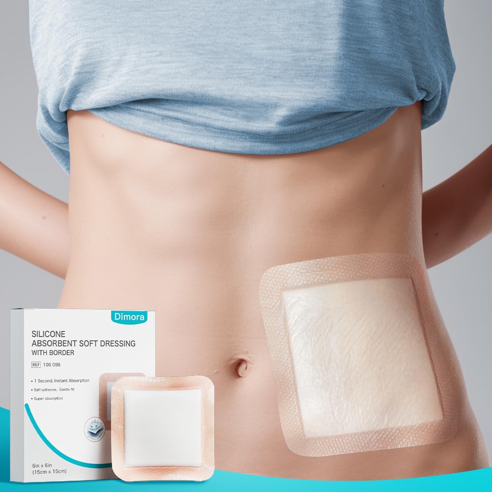 Dimora Silicone Super Absorbent Wound Dressings - Gentle Adhesive Bandages with Ultrasorb Polymer,Heavy Exudate Wound Care Pads 6"X 6" 10 Packs