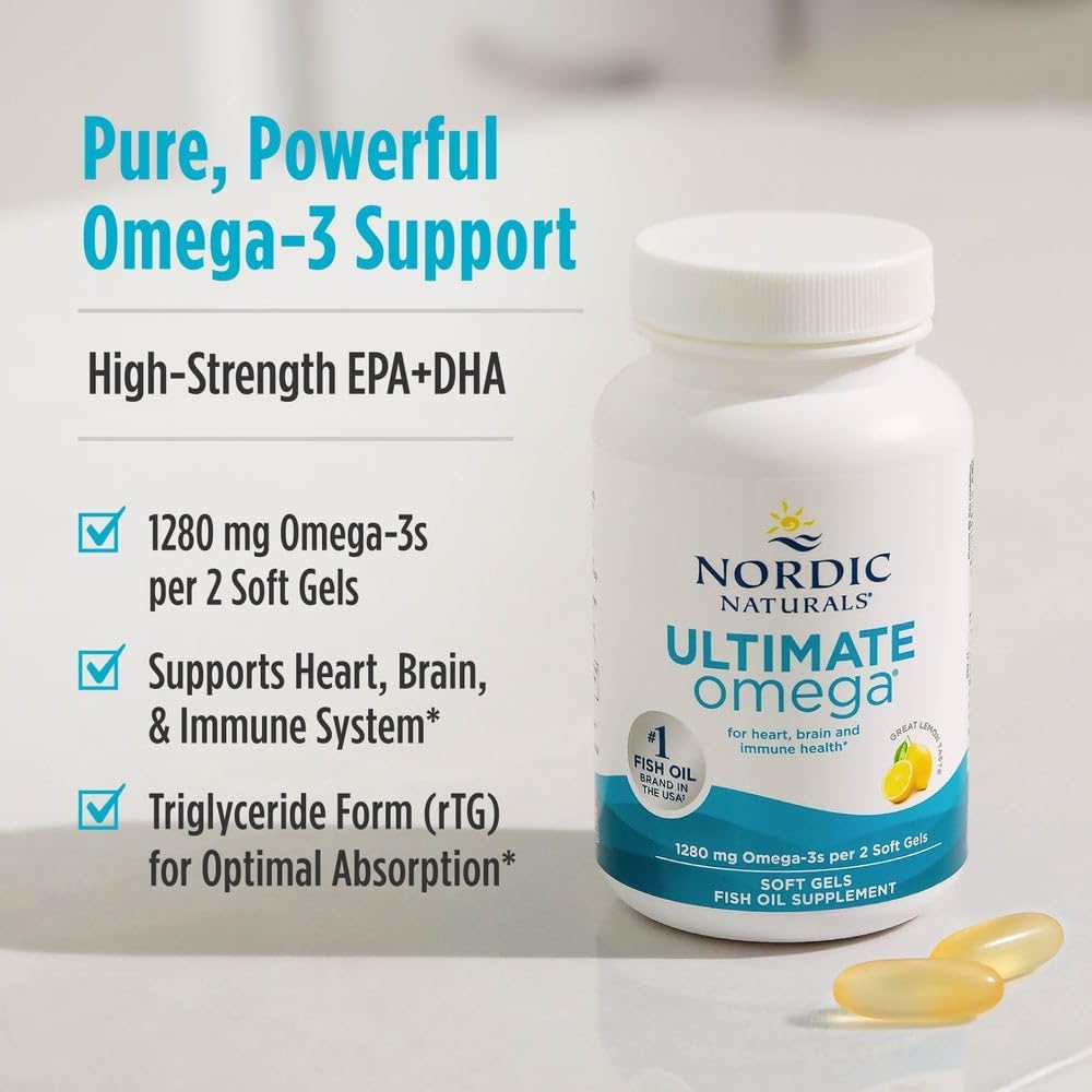 Nordic Naturals Ultimate Omega, 1280mg Omega-3 Fish Oil, Lemon - 120 Count | High-potency Omega-3 Fish Oil with EPA & DHA supports brain & heart health. Non-GMO, burpless formula. 60 servings.