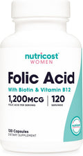 Nutricost Folic Acid for Women (Vitamin B9) 1200 mcg, 120 Capsules, with B12 and Biotin, Veggie Caps, Non-GMO & Gluten Free