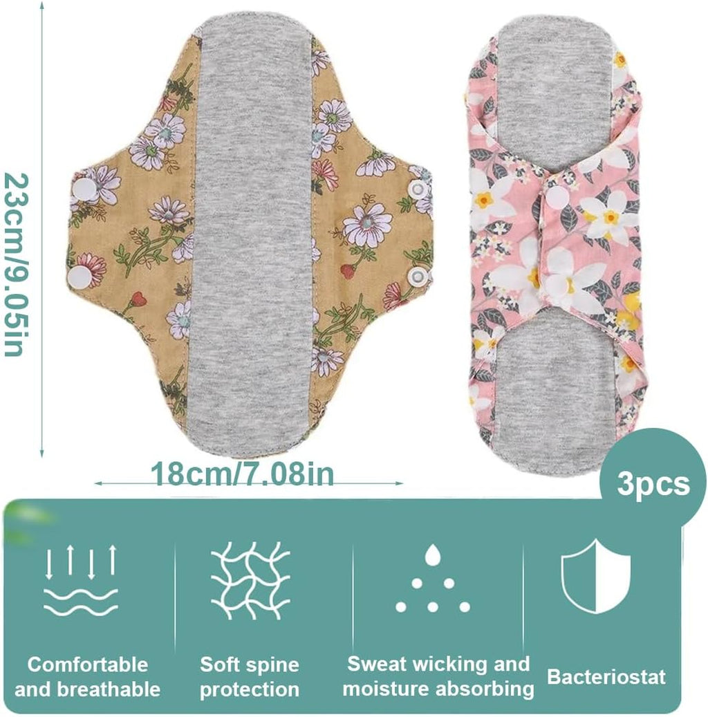 3 Pieces Reusable Sanitary Pads, Antibacterial Panty Liners, Washable Night Pads for Abundant Menstrual Flow